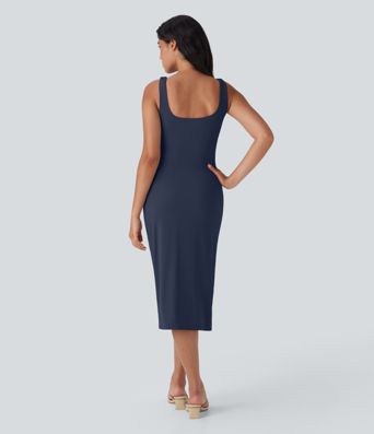 SoftlyZero™ Airy Square Neck Corset Ruched Bodycon Midi  Dress D-F Cups