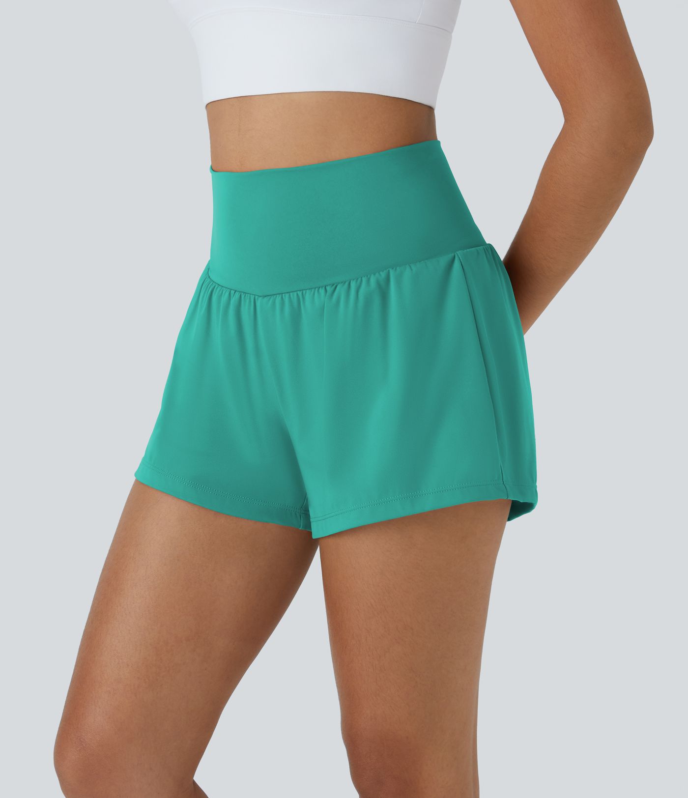 Pantalón corto yoga 2 en 1 tiro alto bolsillo trasero lateral oculto 7.5cm