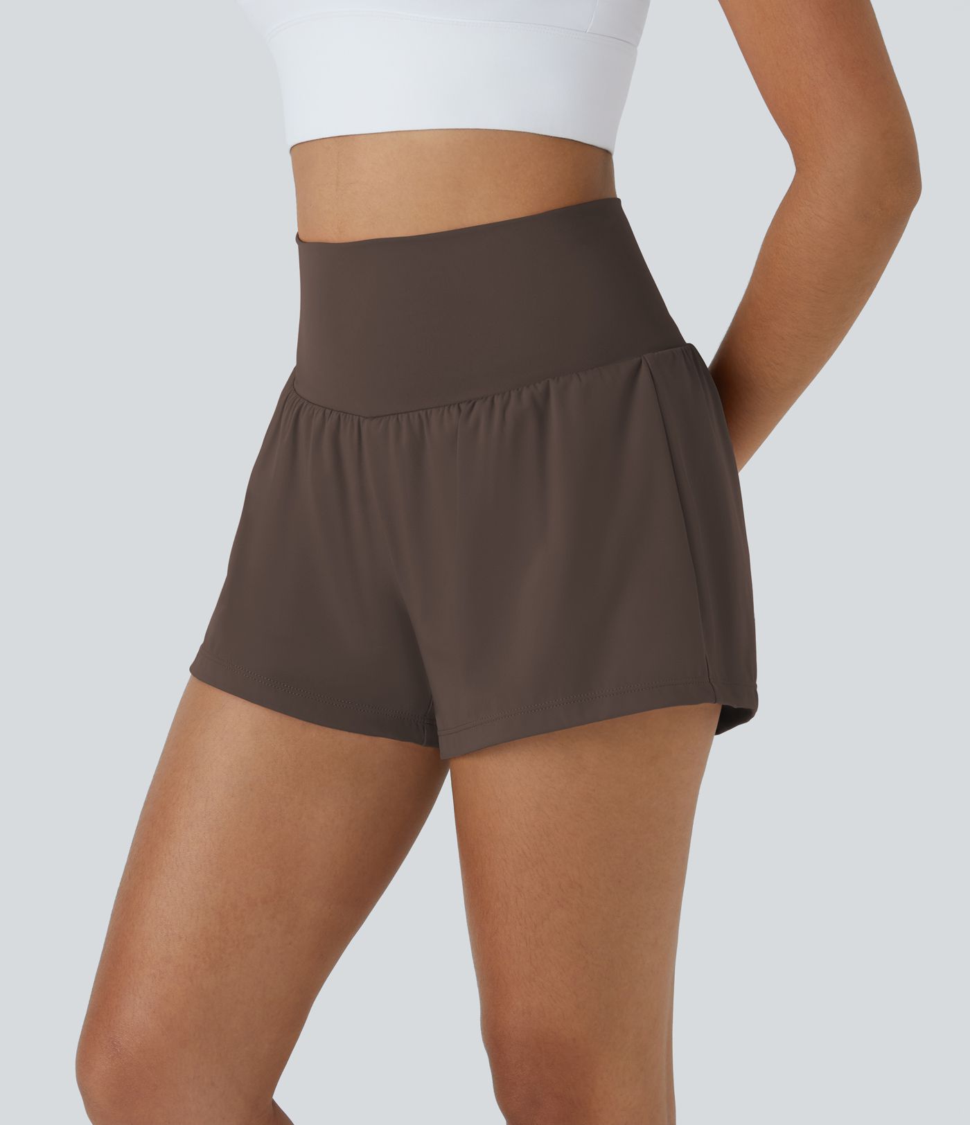 Pantalón corto yoga 2 en 1 tiro alto bolsillo trasero lateral oculto 7.5cm