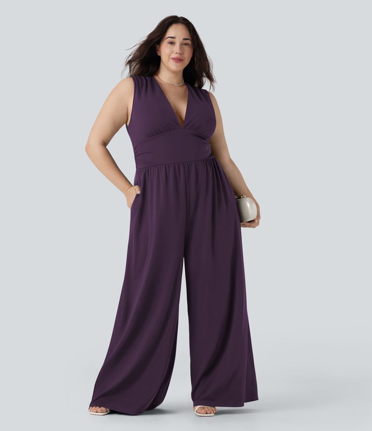 Plus Size V Neck Sleeveless Jumpsuit with Pockets-Easy Peezy Edition Plus Size V Neck Sleeveless Jumpsuit with Pockets-Easy Peezy Edition
