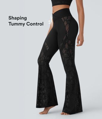 Yoga leggings with a high waist, crossed back pocket, flared leg and lace trim.