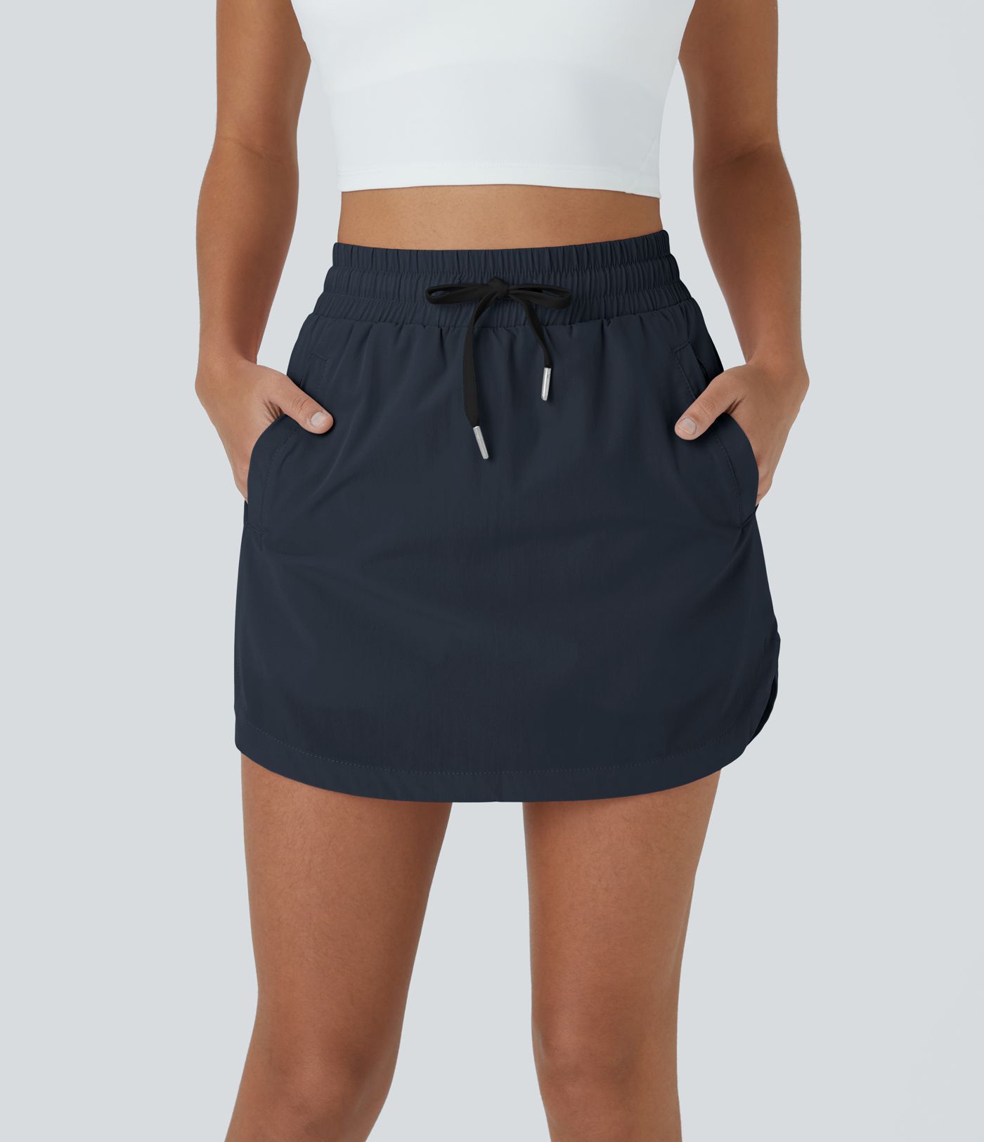 High Waisted Drawstring Side Pocket 2-in-1 Curved Hem Mini Golf Skirt