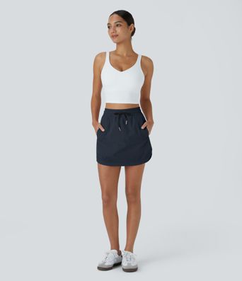 High Waisted Drawstring Side Pocket 2-in-1 Curved Hem Mini Golf Skirt