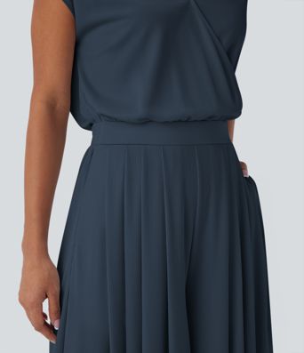 V Neck Short Sleeve Pocket Wide Leg Flowy Waffle Casual Jumpsuit-Easy Peezy Edition