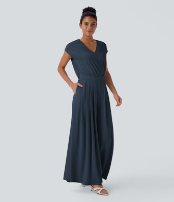 Combinaison fluide en tissu gaufré, col V, manches courtes, jambes larges et poches latérales - Easy Peasy Edition