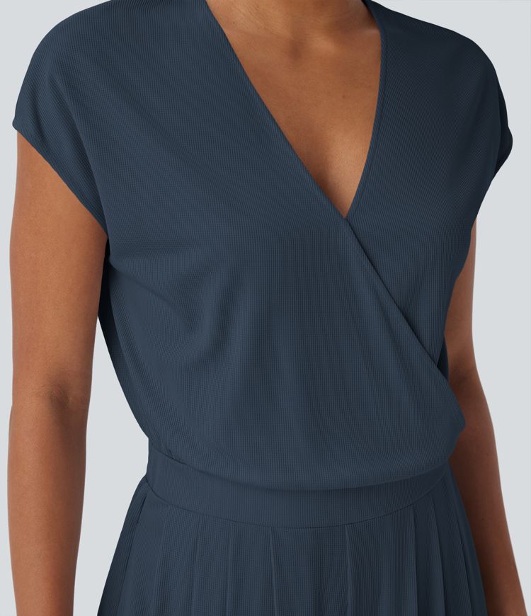 V Neck Short Sleeve Pocket Wide Leg Flowy Waffle Casual Jumpsuit-Easy Peezy Edition