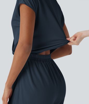 V Neck Short Sleeve Pocket Wide Leg Flowy Waffle Casual Jumpsuit-Easy Peezy Edition