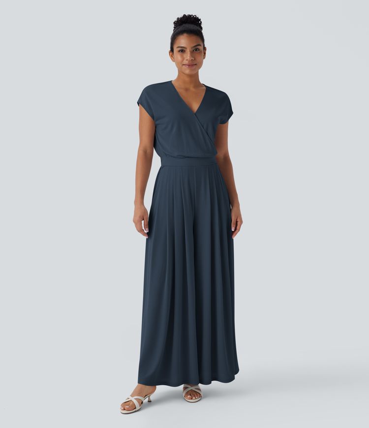 V Neck Short Sleeve Pocket Wide Leg Flowy Waffle Casual Jumpsuit-Easy Peezy Edition