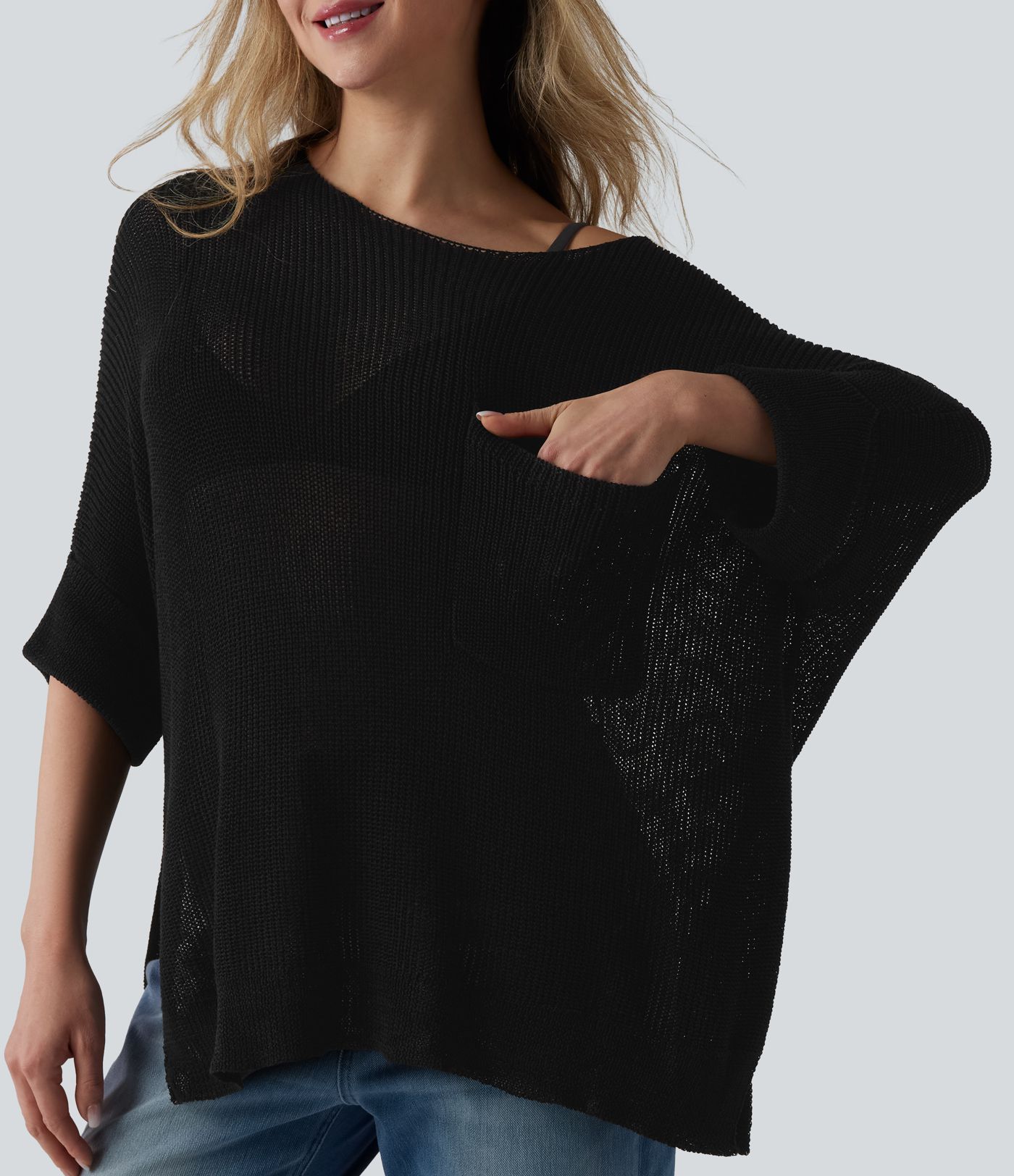 One-shoulder Half Sleeve Split Hem Oversize Casual Sweater with Pocket