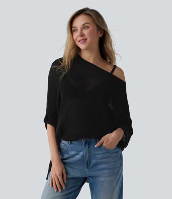 One-shoulder Half Sleeve Split Hem Oversize Casual Sweater with Pocket One-shoulder Half Sleeve Split Hem Oversize Casual Sweater with Pocket