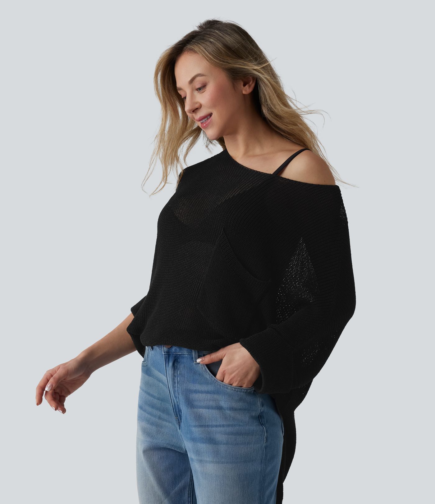 One-shoulder Half Sleeve Split Hem Oversize Casual Sweater with Pocket