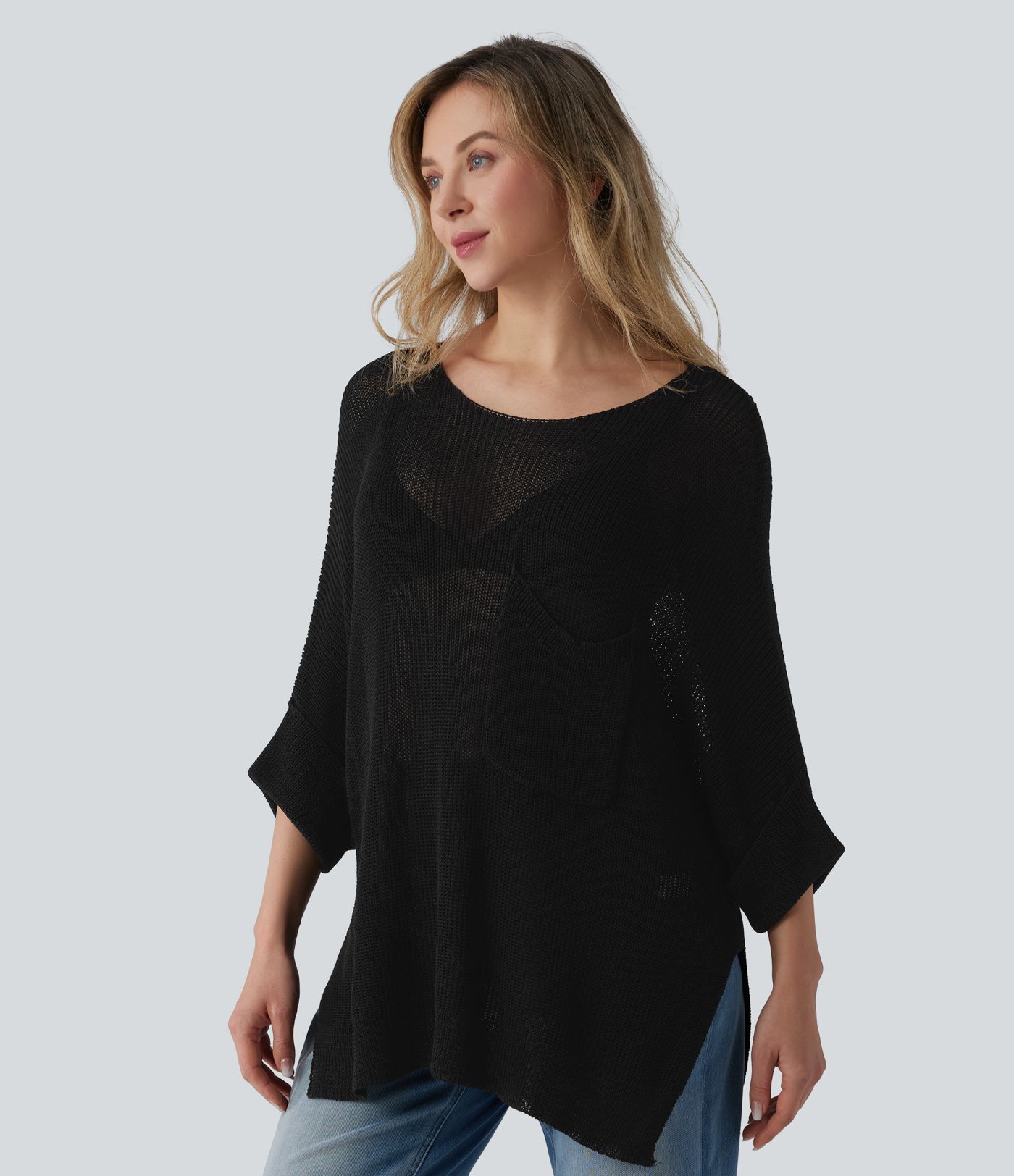 One-shoulder Half Sleeve Split Hem Oversize Casual Sweater with Pocket