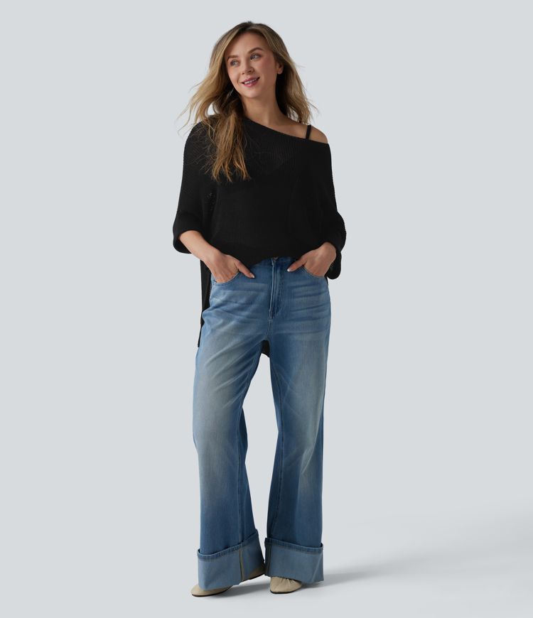 One-shoulder Half Sleeve Split Hem Oversize Casual Sweater with Pocket