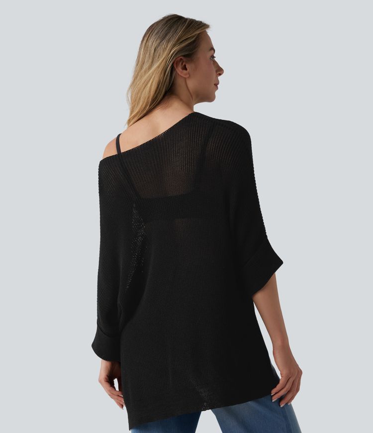 One-shoulder Half Sleeve Split Hem Oversize Casual Sweater with Pocket