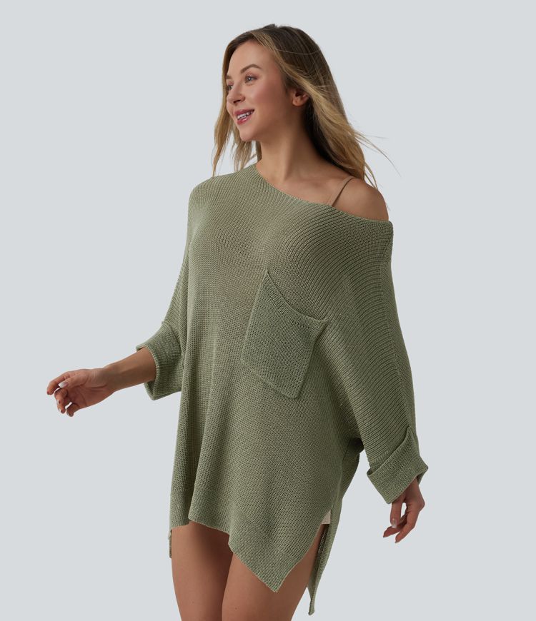 Jersey casual oversize de un hombro con media manga, abertura en el bajo y bolsillo