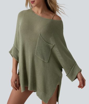 Jersey casual oversize de un hombro con media manga, abertura en el bajo y bolsillo