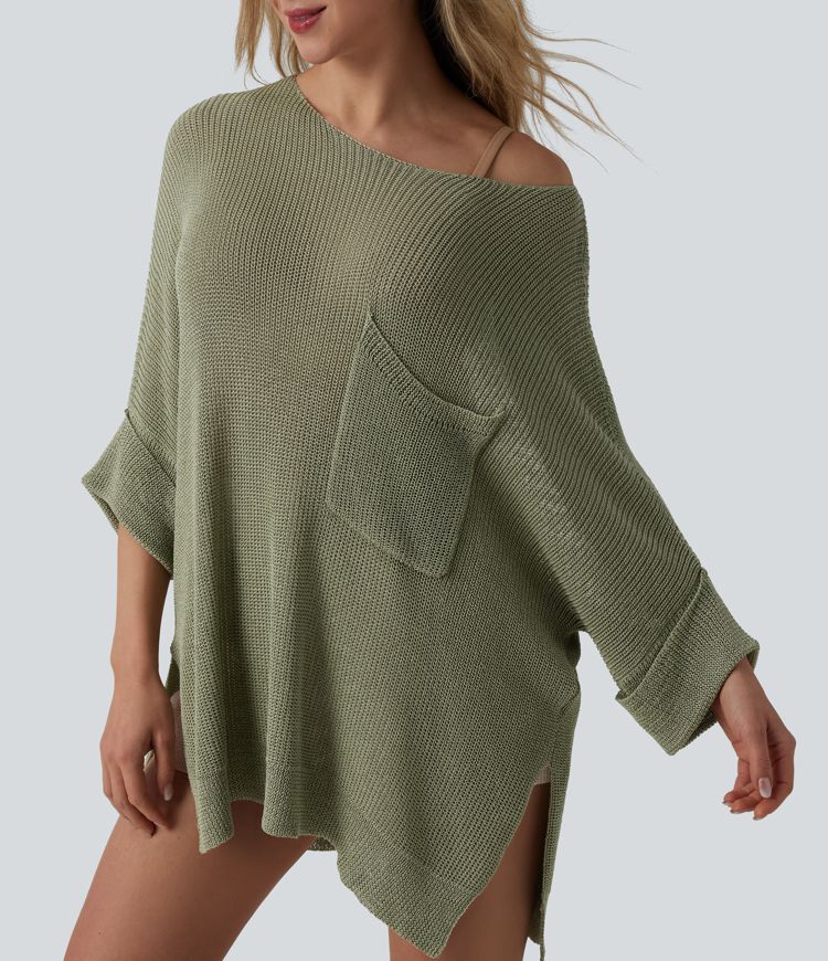 Jersey casual oversize de un hombro con media manga, abertura en el bajo y bolsillo