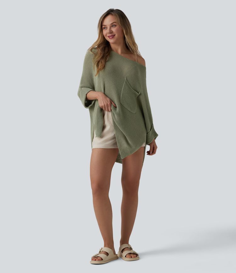 Jersey casual oversize de un hombro con media manga, abertura en el bajo y bolsillo