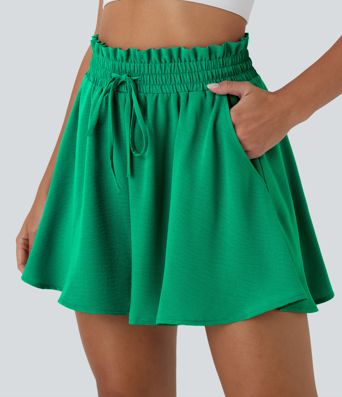 Paper Bag High Waist Drawstring Pocket Casual Linen-Feel Wide Leg Shorts