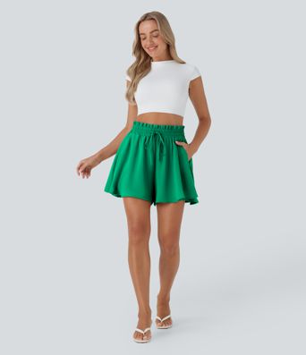 Paper Bag High Waist Drawstring Pocket Casual Linen-Feel Wide Leg Shorts