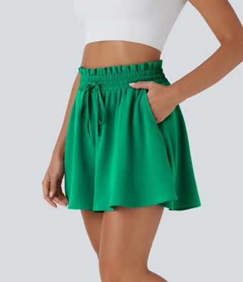 Paper Bag High Waist Drawstring Pocket Casual Linen-Feel Wide Leg Shorts