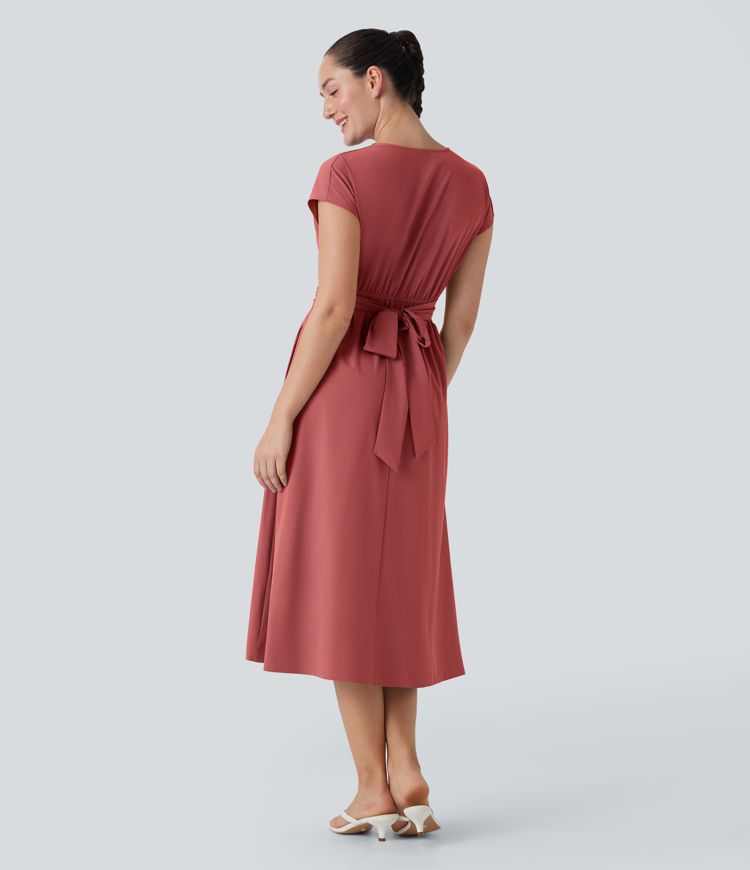 Breezeful™ V Neck Short Sleeve Pocket Tie Back Quick Dry Midi Casual Dress