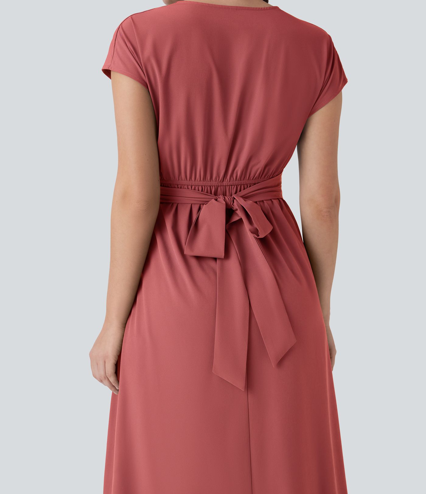 Breezeful™ V Neck Short Sleeve Pocket Tie Back Quick Dry Midi Casual Dress