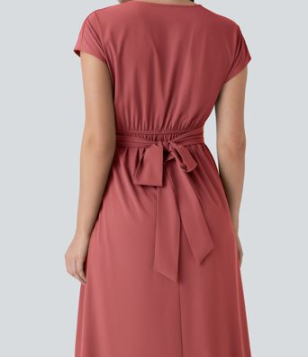 Breezeful™ V Neck Short Sleeve Pocket Tie Back Quick Dry Midi Casual Dress