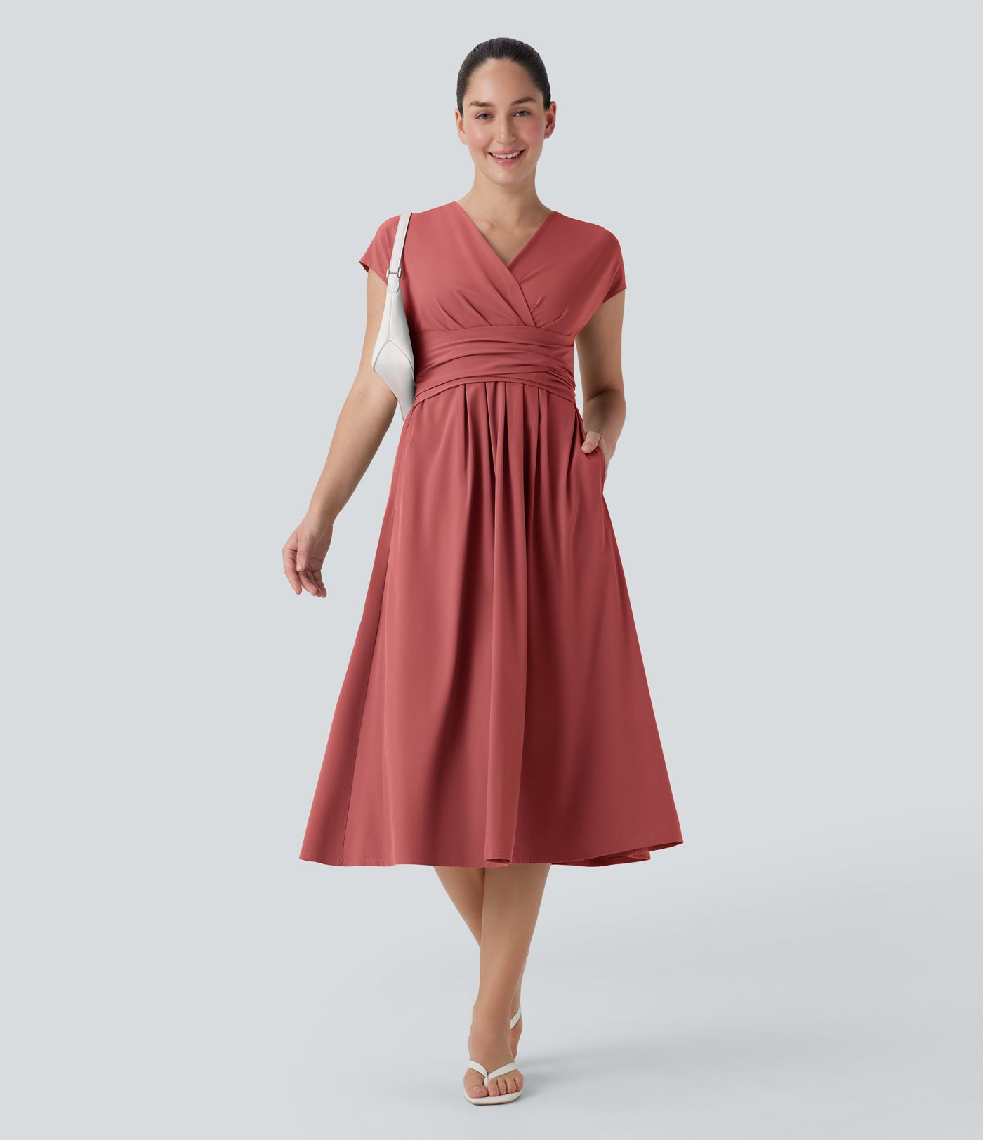 Breezeful™ V Neck Short Sleeve Pocket Tie Back Quick Dry Midi Casual Dress