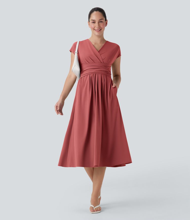 Breezeful™ V Neck Short Sleeve Pocket Tie Back Quick Dry Midi Casual Dress
