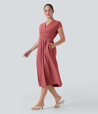 Breezeful™ V Neck Short Sleeve Pocket Tie Back Quick Dry Midi Casual Dress