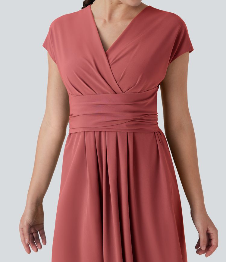Breezeful™ V Neck Short Sleeve Pocket Tie Back Quick Dry Midi Casual Dress