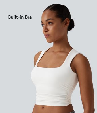Square Neck Ruched Cropped Casual Tank Top
