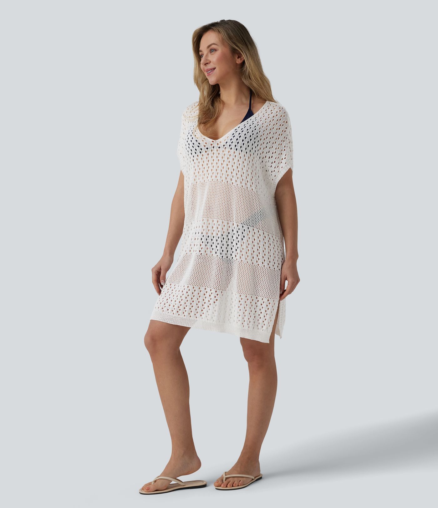 V-neck Split Hem Hollow Out Resort Cover Up Dress