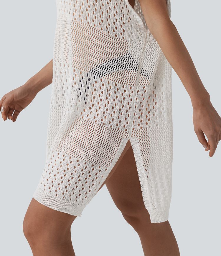 V-neck Split Hem Hollow Out Resort Cover Up Dress