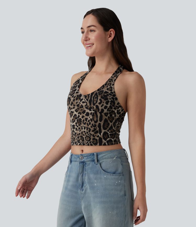 Deep V-neck Racerback Leopard Print Casual Tank Top