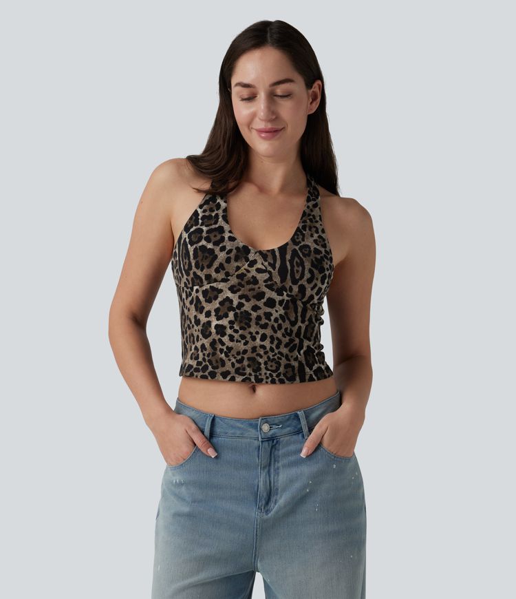 Deep V-neck Racerback Leopard Print Casual Tank Top