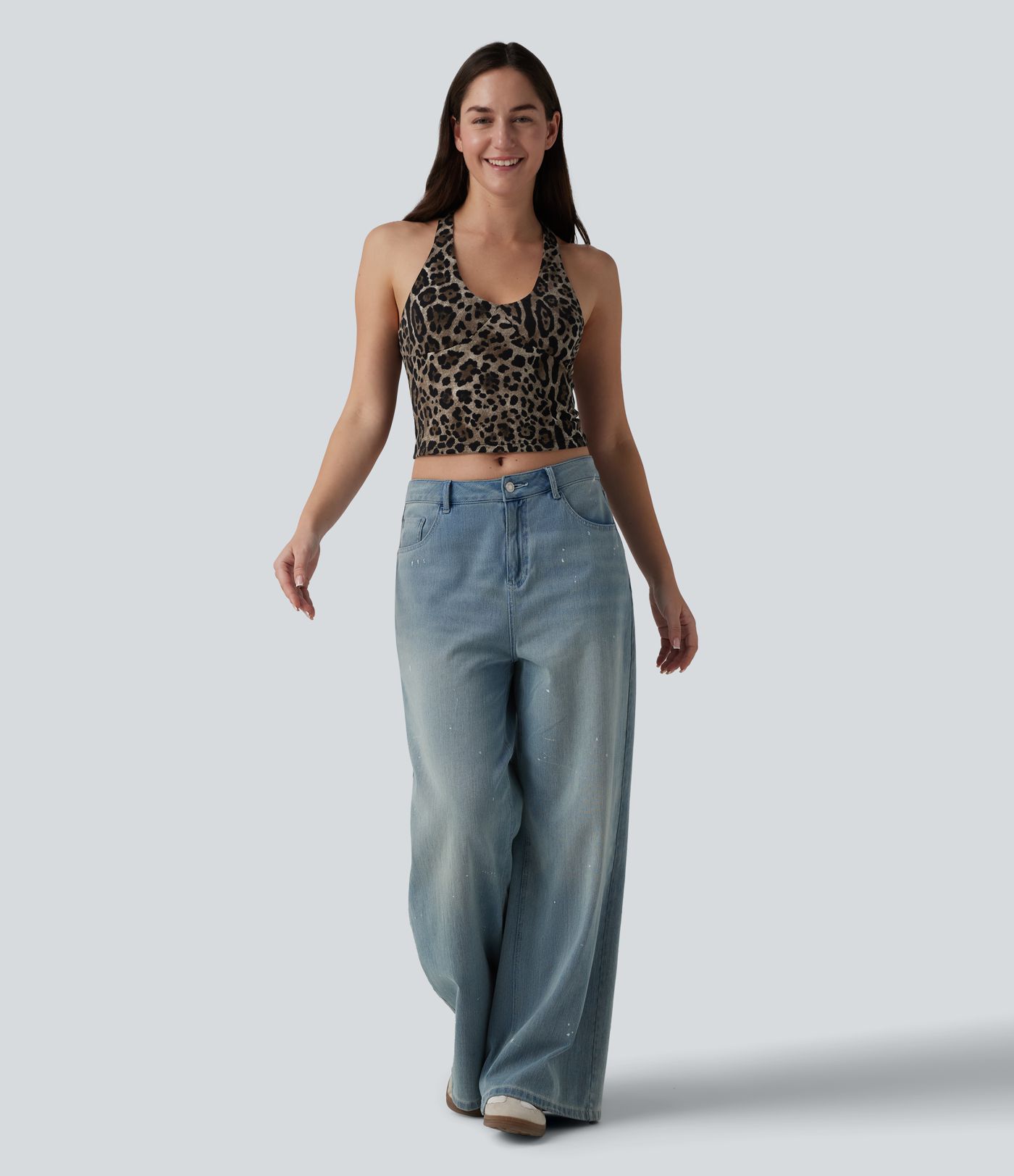 Deep V-neck Racerback Leopard Print Casual Tank Top