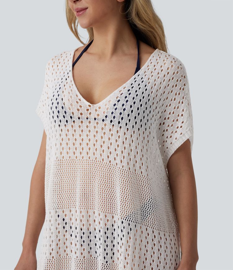 V-neck Split Hem Hollow Out Resort Cover Up Dress