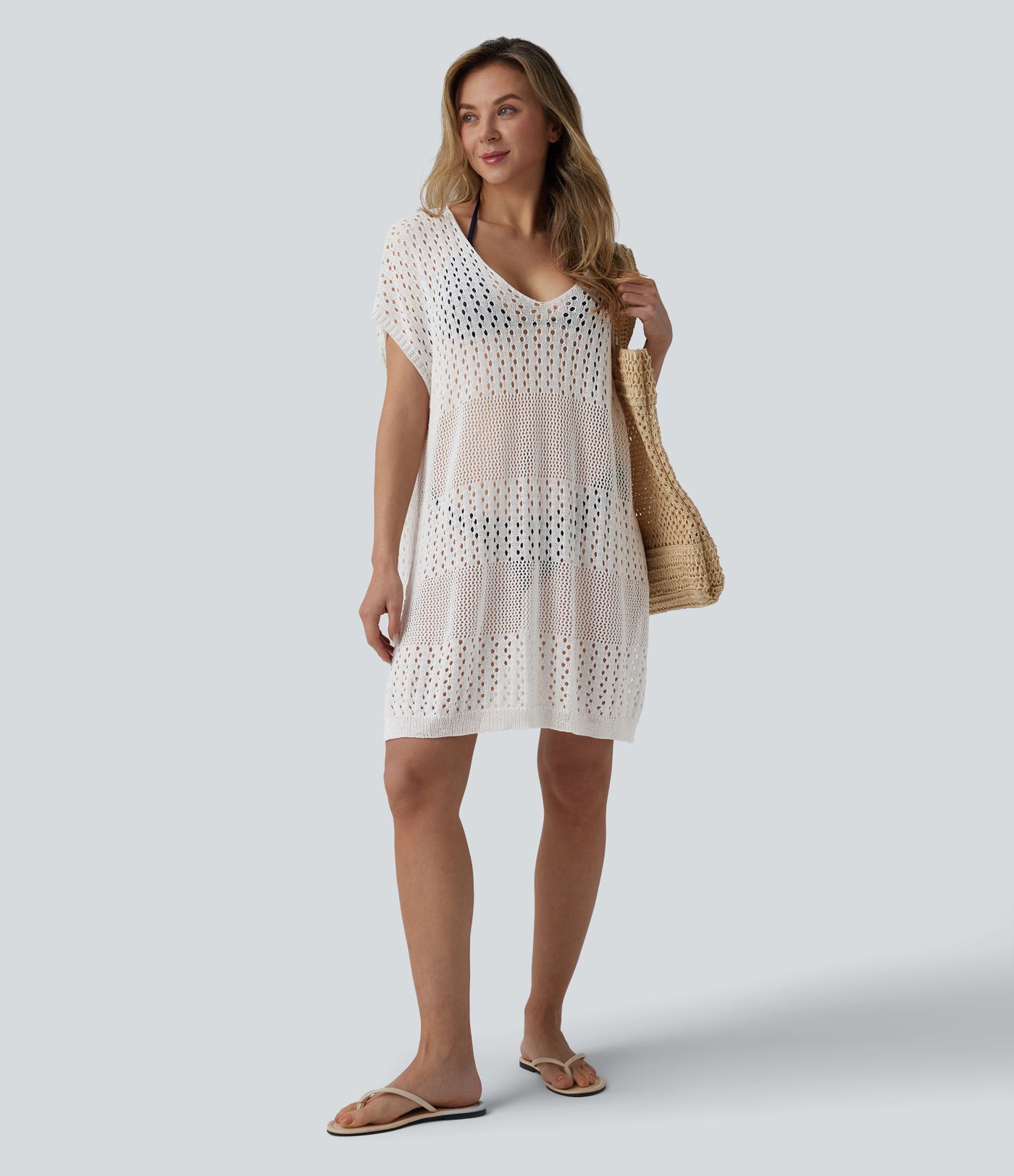 V-neck Split Hem Hollow Out Resort Cover Up Dress