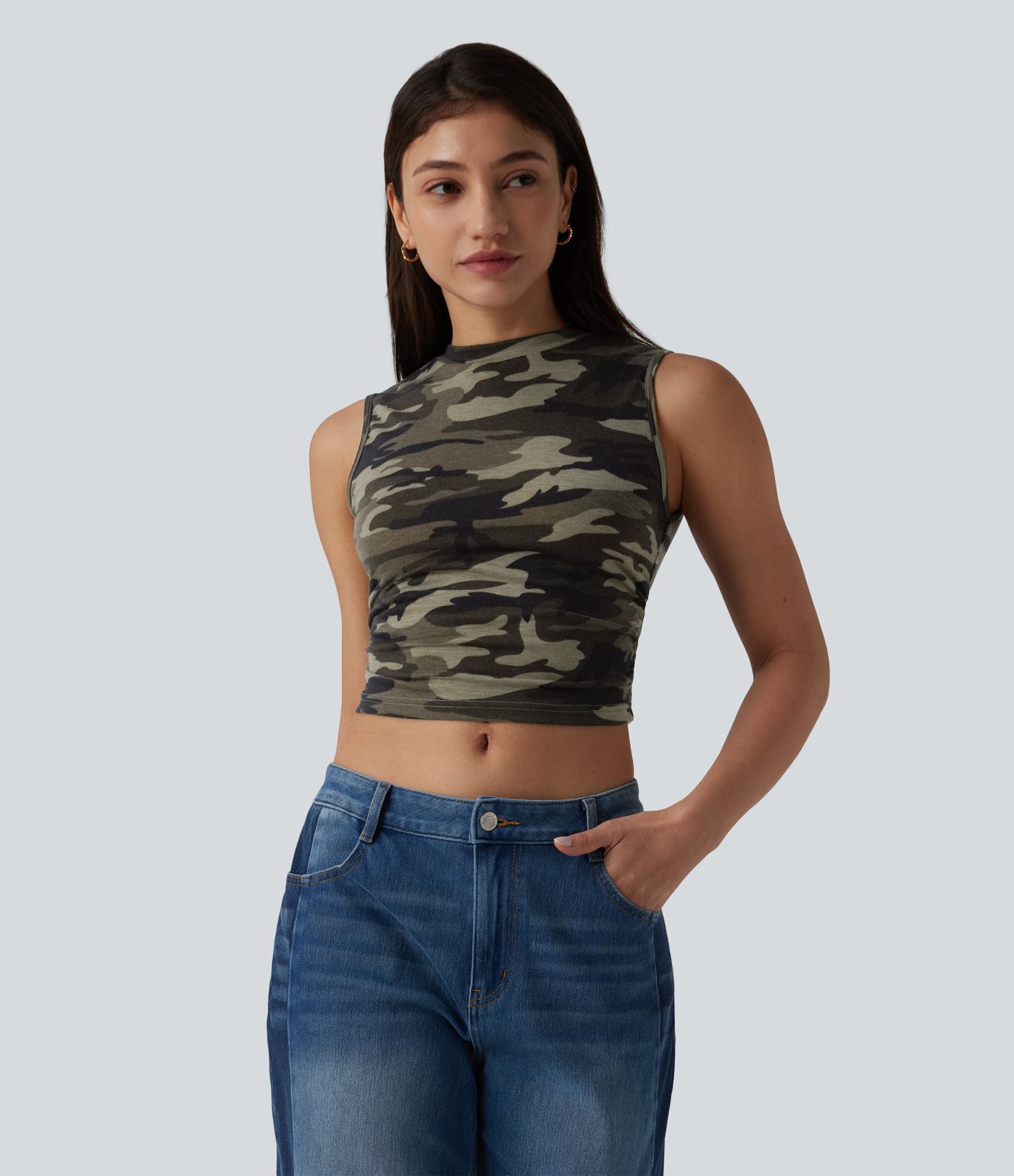 Round Neck Ruched Camo Cropped Casual Tank Top