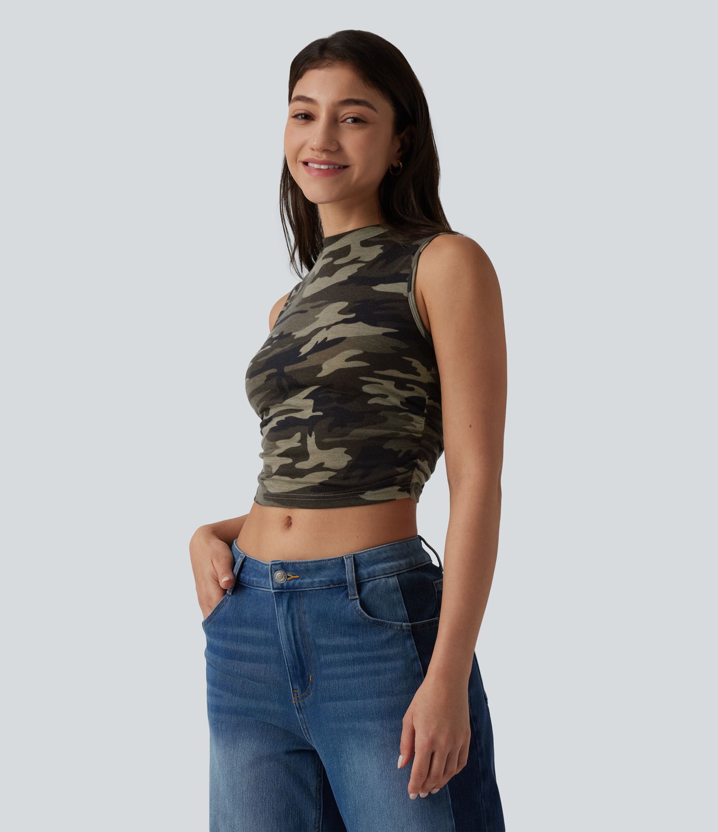 Round Neck Ruched Camo Cropped Casual Tank Top