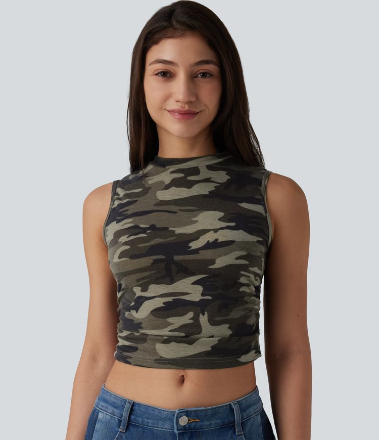 Round Neck Ruched Camo Cropped Casual Tank Top