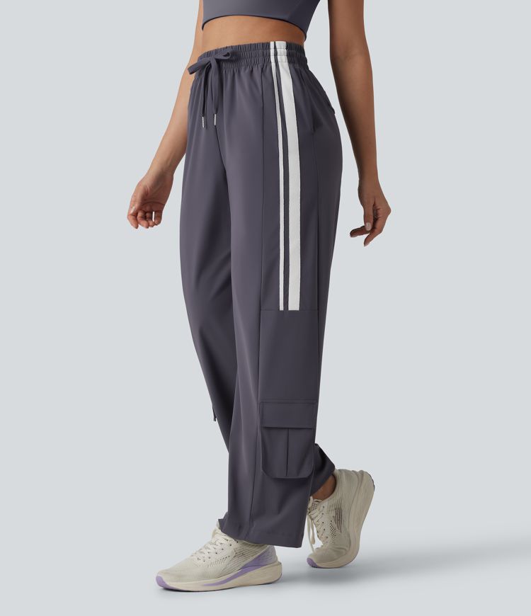 Workout-Cargo-Hose mit hohem Bund, mehreren Taschen, Kordelzug, Streifen und Farbblock - schnelltrocknend