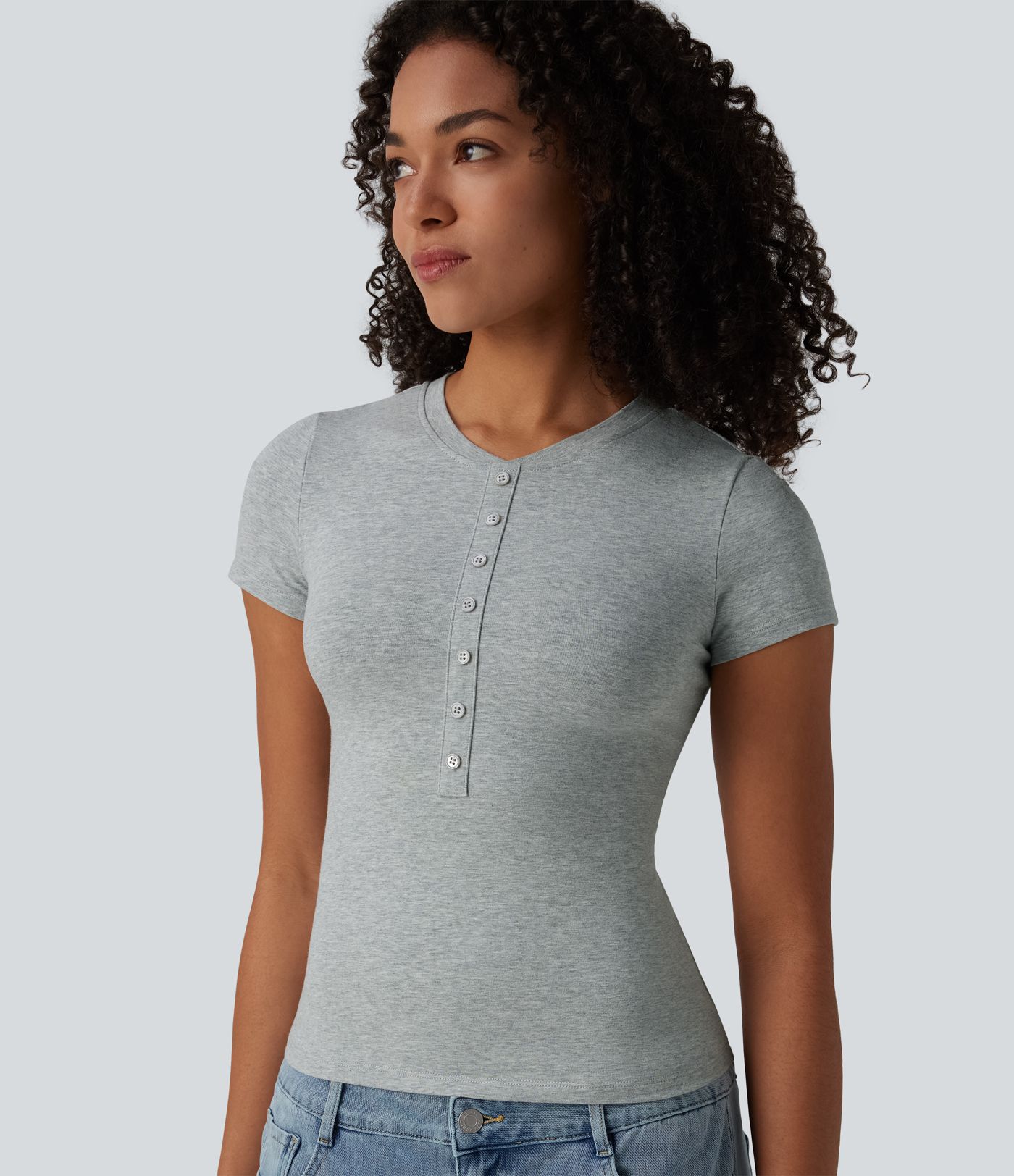 Halara Cotton Jersey Henley Short Sleeve Ultra-slim Casual T-Shirt