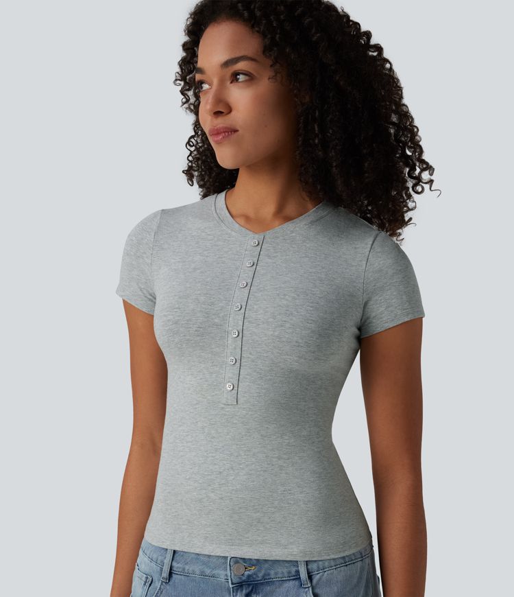 Halara Cotton Jersey Henley Short Sleeve Ultra-slim Casual T-Shirt