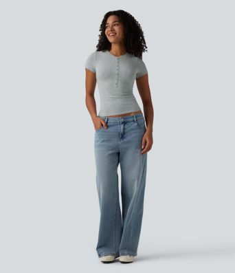 Halara Cotton Jersey Henley Short Sleeve Ultra-slim Casual T-Shirt