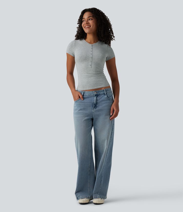 Halara Cotton Jersey Henley Short Sleeve Ultra-slim Casual T-Shirt