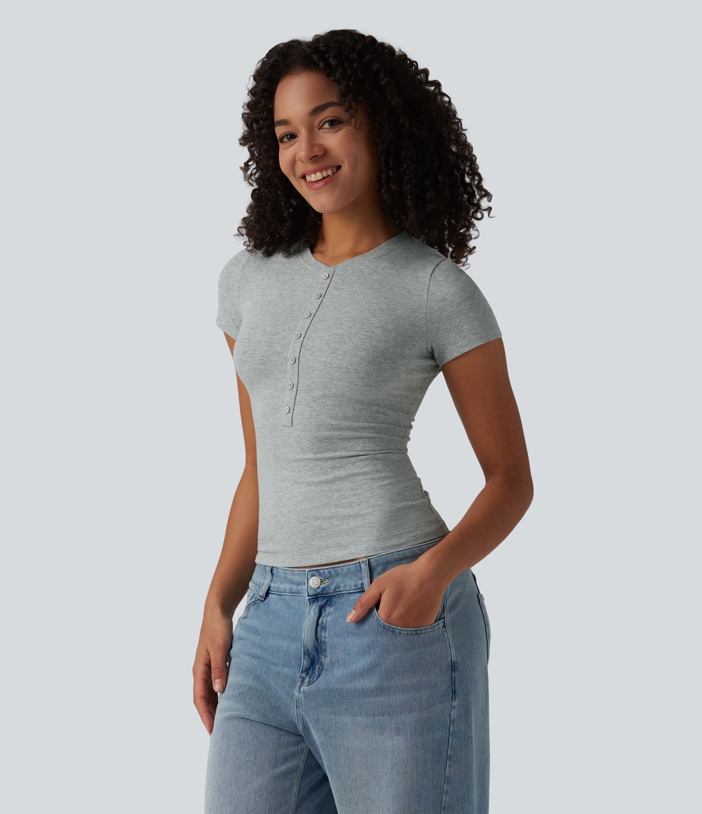 Halara Cotton Jersey Henley Short Sleeve Ultra-slim Casual T-Shirt