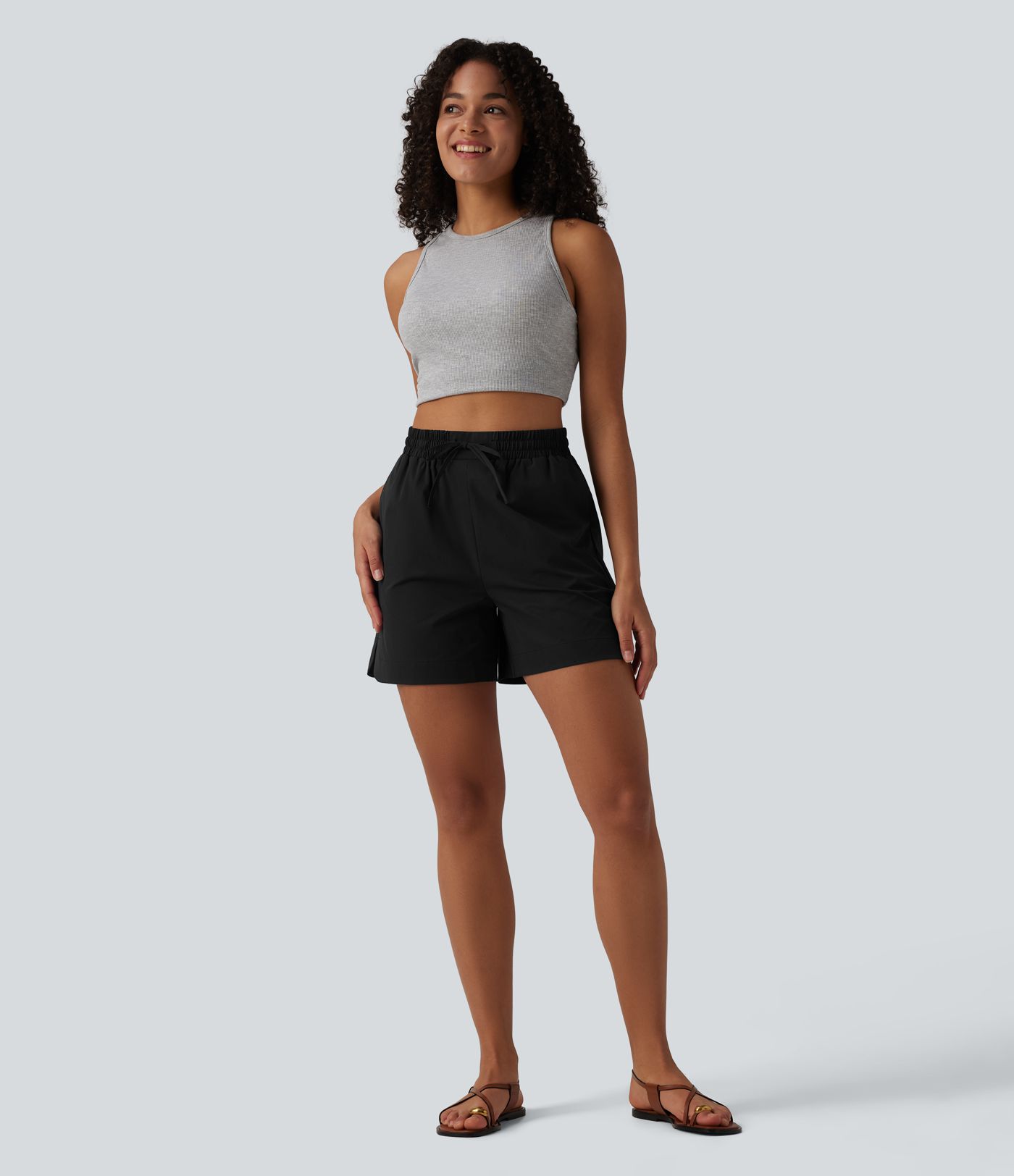 High Waisted Drawstring Curved Hem Stretchy Poplin Casual Baggy Shorts with Pockets